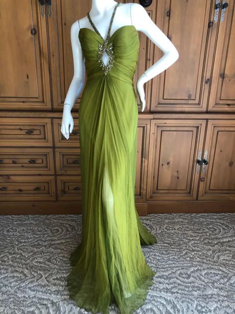 Bob Mackie 70's Sheer Silk Chiffon Beaded Keyhole Gown 70s Evening Gown, 70s Gown, 1980s Wedding Dress, 1970 Dress, Glam Aesthetic, Green Silk Dresses, Silk Wedding Dress, Beaded Chiffon, Prom Dress Inspiration