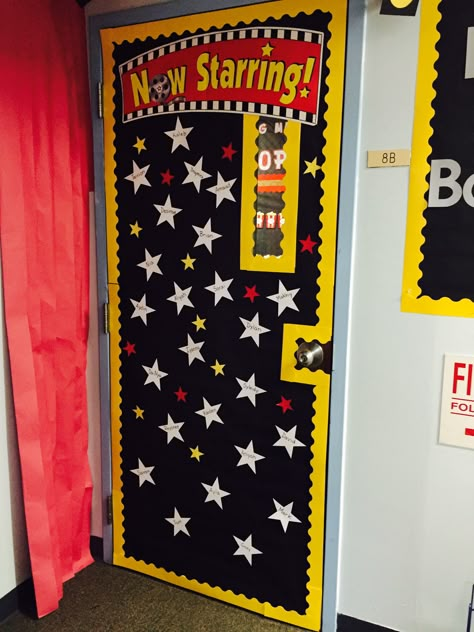 Hollywood theme classroom door- now starring!! Hollywood Door Decorations, Hollywood Theme Classroom Door, Popcorn Theme Classroom, Hollywood Classroom Theme, Movie Classroom, Star Themed Classroom, Hollywood Classroom, Class Door Decorations, Hollywood Theme Classroom