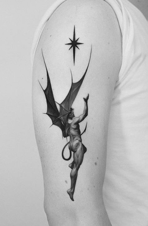 Fallen Angel Tattoo, Devil Tattoo, Statue Tattoo, Demon Tattoo, Old School Tattoo Designs, Greek Tattoos, Dark Art Tattoo, Card Tattoo, Aesthetic Tattoo