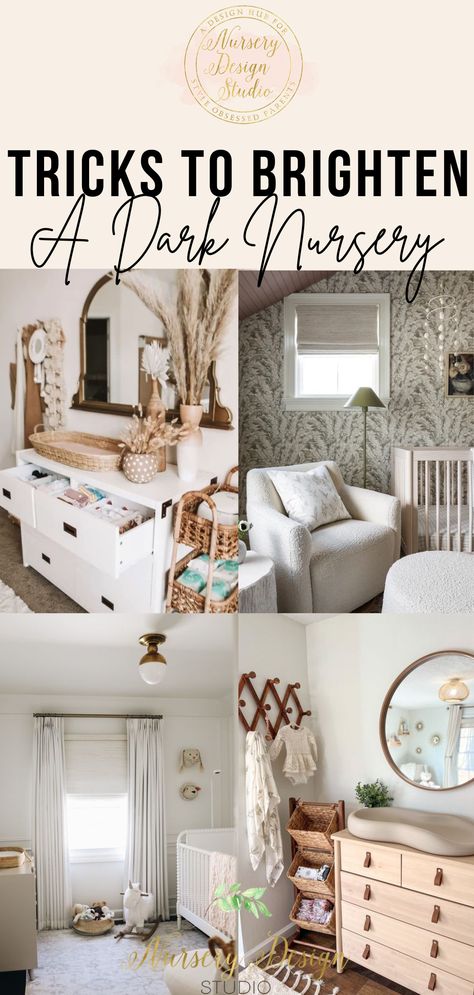 Whether the space is dark due to a low ceiling, small window, or lack of square footage, these tricks will make even the darkest nursery feel brighter. Nursery With No Windows, Low Ceiling Nursery, Vaulted Ceiling Nursery, Nursery Lighting Ceiling, Dark Nursery, Cream Paint Colors, Shared Nursery, Nursery Space, Small Nurseries