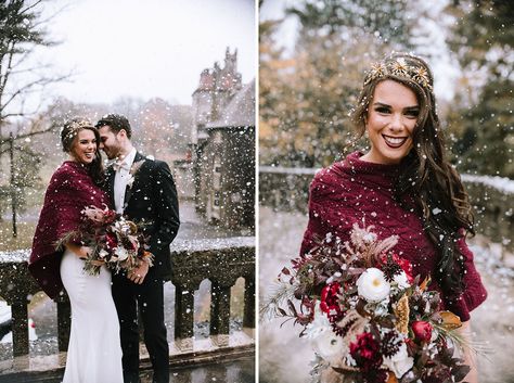 Glam and Gilded: Luxe Christmas Wedding Inspiration in a Historic Castle | Green Wedding Shoes Christmas Wedding Groom, Christmas Wedding Shoes, Christmas Castle Wedding, Winter Wedding Bride Shawl, Christmas Wedding Dress, Winter Wedding Dress Red Shawl, Winter Wedding Cloak, Winter Wedding Fur Shawl Bride, December Wedding Dresses