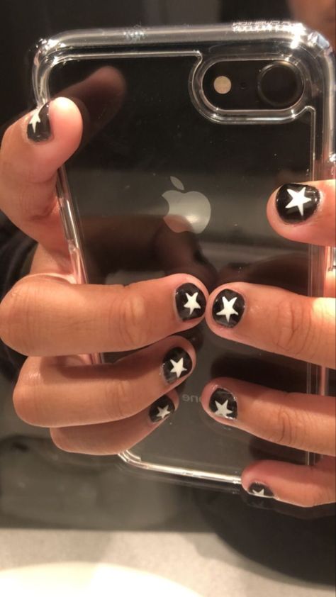 star nails Black Nail White Star, Black Male Nail Designs, Black Nails With White Stars, White Nails With Black Stars, Masc Nail Designs, Manicure Ideas Simple, Manicure Ideas French, Black Nail Inspo Short, Black And White Short Nails