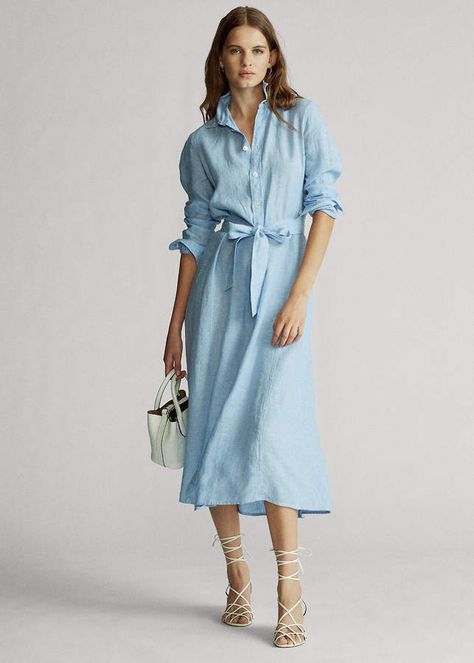 Linen Shirtdress Ralph Lauren Linen, Linen Joggers, Practical Fashion, Midi Denim, Denim Shirt Dress, Casual Work Outfits, Boho Look, Polo Dress, Shirtdress