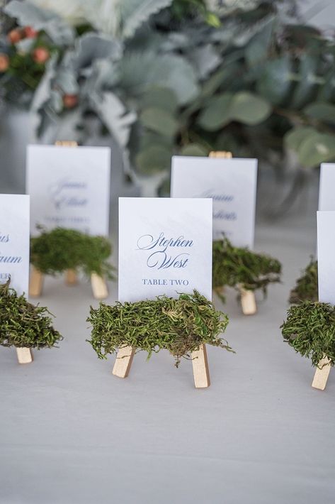 Mini Easel Wedding, Enchanted Forest Place Cards, Wedding Place Card Holders, Wedding Guest Place Card Ideas, Wedding Name Cards Display, Mini Easel, Moss Table Setting, Placecards Wedding Table Display, Diy Place Card Holders