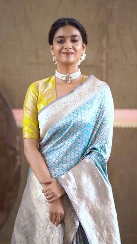 Skyblue Saree Combination, Stylish Blouse Design Unique Back 2024, Pattu Saree Blouse Designs Simple Latest, Blouse Designs Latest For Marriage, Saree Combinations Color Combos, Saree Combination, Shrenu Parikh, Blouse Designs High Neck, Keerthi Suresh