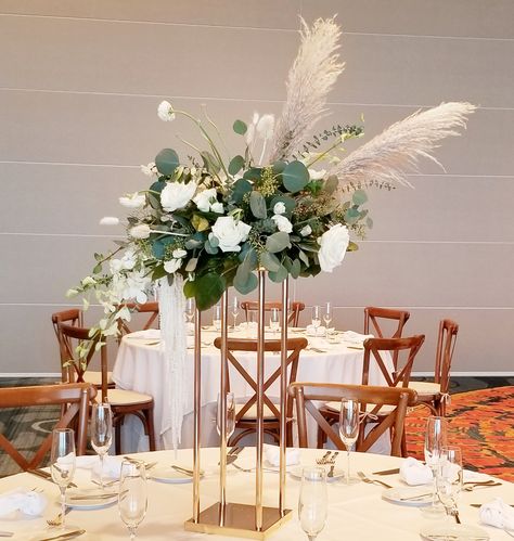 Greenery With Pampas, Pampas Roses Centerpiece, Pampas And White Roses, Pampas And Greenery Centerpiece, Pampas And Roses Centerpiece, Pampas Wedding Decor, Pampas Grass Centerpiece, Grass Centerpiece, Round Wedding Tables