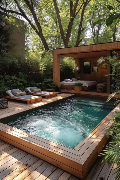 21 Stunning Small Pool Design Ideas for Tiny backyards 44 Small Plunge Pool Ideas, Little Pools Backyard, Backyard Spa Ideas Landscaping, Tiny Backyard Pool, Small Lagoon Pool, Splash Pools Backyard, Pool In Woods, Pool In Front Of House, Small Garden Pool Ideas