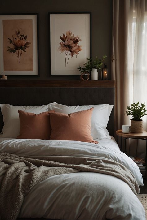 Cozy bedroom Dusty Bedroom Colors, Romantic Cozy Bedroom, Neutral Cozy Bedroom, Farmhouse Bedroom Ideas, Room Dark, Decor Ideas Bedroom, Rustic Bedroom Decor, Bedroom Trends, Modern Bedroom Interior