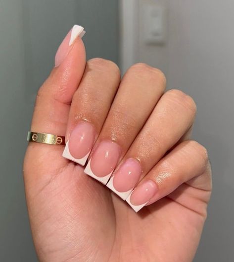 French Shorties Nails, French Duck Nails Short, Extra Short French Nails, Short Deep French Nails, French Overlay Nails, Short French Tip With Design, Really Short French Tip Nails, Different French Tips, Short Acrylic French Tip