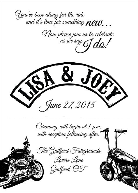 Biker wedding invitation made by my very talented son Caleb Dudley. Biker Beach Wedding, Biker Wedding Invitations, Leather And Lace Wedding Theme, Biker Wedding Ideas Decoration, Harley Wedding Ideas, Biker Wedding Ideas, Motorcycle Wedding Ideas, Biker Wedding Dress, Biker Wedding Theme