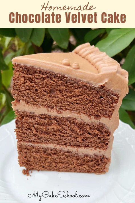 Chocolate Velvet Cake | My Cake School Chocolate Velvet Cake Recipe, Scratch Chocolate Cake, Chocolate Velvet Cake, Chocolate Board, My Cake School, Hershey Recipes, Sour Cream Chocolate Cake, Velvet Cakes, Cupcake Business