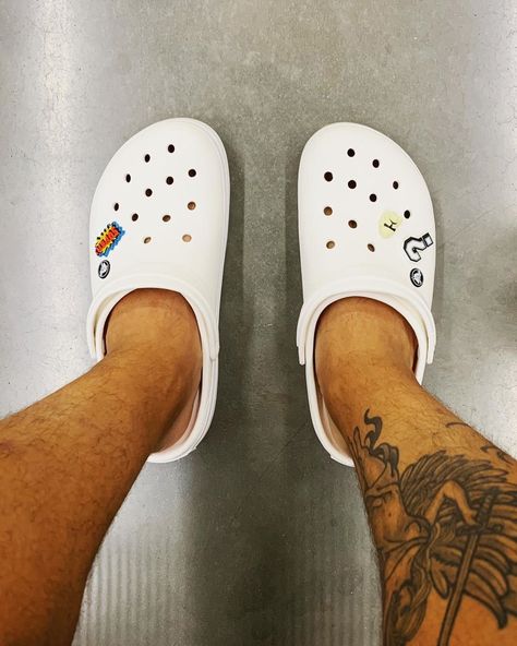 JOURNEYS | Crocs - white -- photo credit: joseavazquez Crocs Jibbitz Ideas For Men, Crocs Aesthetic Men, White Crocs Outfit Men, White Crocs Jibbitz Ideas, Cross Outfits, White Crocs Outfit, Fabian Prewett, Crocs Outfit Men, Men Crocs