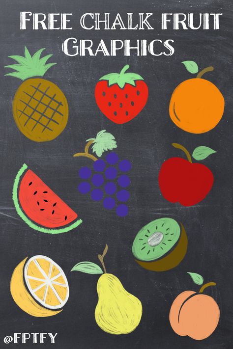 Free Chalk Fruit Graphics that are great for all your crafting needs!  #ChalkboardFruitGraphics #FreePrintables #FreePrintableFruit #FreeFruitClipart #FreeFruitGraphics Cafeteria Decor, Chalk Markers Art, Juice Cafe, Fun Chalk Art, Creative School Project Ideas, Wan Chai, Chalk Sign, Chalk Design, Chalkboard Drawings