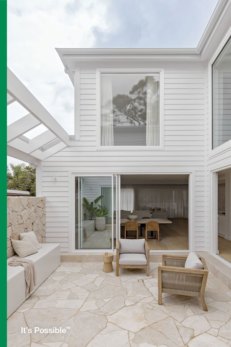 Get the Modern Coastal look—open & light-filled, with advice on cladding, colour palettes & materials Weatherboard Exterior, Coastal Home Exterior, Beach Dream House, Weatherboard House, Modern Coastal Home, Rose House, External Cladding, House Balcony, James Hardie