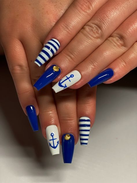 Boating Nails, Marine Nails Designs, Sailing Nails Design, Cruise Ship Nails, Nails For Cruise, Cruise Nail Ideas, Nautical Theme Nails, Pirate Nail Art, Anchor Nails Designs