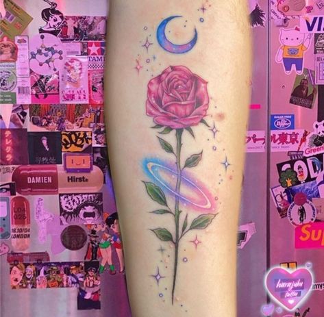 Pink Aesthetic Tattoo, All Pink Tattoo, Pastel Tattoo Sleeve, Glitter Style Tattoo, Colored Ink Tattoos, Aesthetic Rose Tattoo, Pastel Tattoo Ideas, Kawaii Tattoo Sleeve, Cute Colorful Tattoos