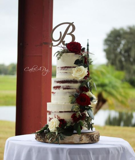 Naked Red Velvet Wedding Cake, Maroon And Navy Wedding Cake, Rustic Winter Wedding Cake, December Wedding Cake, Wedding Cake Red Velvet, Naked Red Velvet Cake, Red Velvet Naked Cake, Winter Wedding Cake Ideas, Red Velvet Wedding Cake