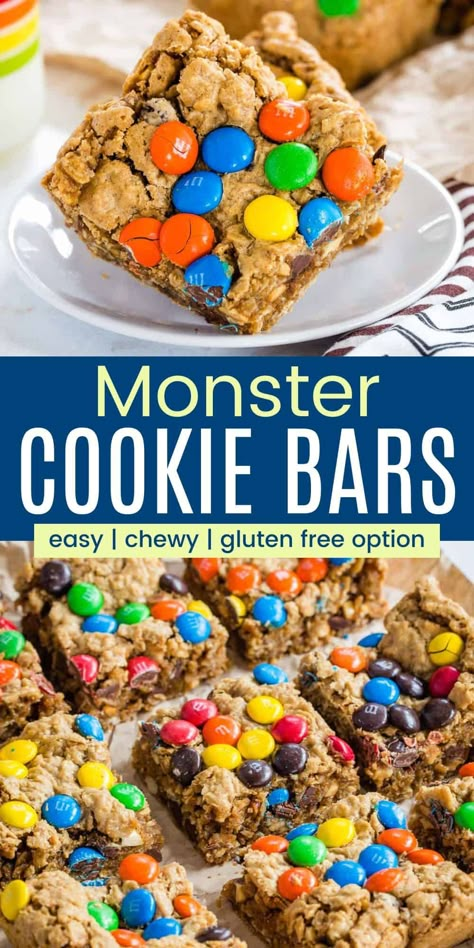 Crisp on the outside and chewy on the inside, these Monster Cookie Bars are fully-loaded with peanut butter, oats, chocolate chips, and M&M candies. Quick and easy to prepare, plus flourless so you can make them gluten free! Monster Cookie Bars Recipe, Oatmeal Chocolate Chips, Gluten Free Monster Cookies, Everything Cookies, Monster Cookie Bars, Chocolate Chip Shortbread Cookies, Oats Chocolate, Quick Cookies, Flourless Cookies