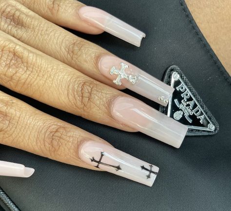 444 Nails, Lexi Nails, Orange Acrylic Nails, Euphoria Nails, Cross Nails, Makeup Nails Designs, Girly Acrylic Nails, French Tip Acrylic Nails, Work Nails