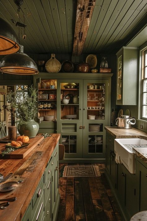 20 Olive Green Kitchen Ideas For Your Next Makeover! - My Decor Inspo Transitional Green Kitchen, Kitchen Ideas With Green Cabinets, Green Cottage Core Kitchen, Green Kitchen Cabinets With Wood Counter, Earthy Kitchen Cabinet Colors, Green Kitchen Cabinets Diy, Black And Green Kitchen Cabinets, Olive Green Kitchen Ideas, Dark Olive Kitchen Cabinets