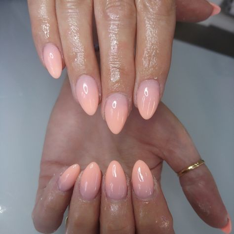 Peach Ombre Nails Almond, Peach Ombré Nails, Summer Ombre Nails Almond, Almond Peach Nails, Ombre Nail Designs Almond Shape, Ombre Nails Peach, Pastel Peach Nails, Peach Ombre Nails, Almond Ombre Nails