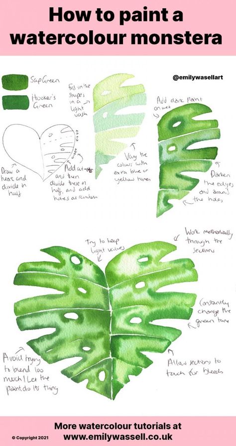 How to Paint a Watercolour Monstera Leaf - Easy Tutorial | Emily Wassell Watercolor Monstera Leaf Tutorial, How To Paint Monstera Leaf, Monstera Plant Watercolor, Monstera Watercolor Painting, How To Paint A Leaf, How To Paint Plants, Watercolour Monstera, Watercolour Easy, Watercolour Plants