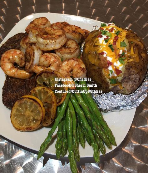 Steak Shrimp And Asparagus, Steak Shrimp Potatoes, Steak Asparagus Potatoes, Steak And Shrimp Dinner Ideas, Shrimp And Steak Recipes, Meals With Asparagus, Steak And Shrimp Dinner, Steak And Shrimp Recipes, Steak And Asparagus