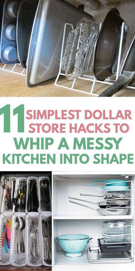 Learn how to DECLUTTER your KITCHEN with KITCHEN ORGANIZATION HACKS from the dollar store. First, learn how to get rid of clutter on counters, cabinets and drawers, then tips on smart layout by zones to keep countertops and cupboards clutter free. Easy ideas you can DIY on a budget to keep utensils, pots, pans, Tupperware, spaces, etc super organized #organization #organisation #storage #tinykitchen #declutter Pan Storage Diy, Kitchen Cabinet Organization Layout, Tupperware Organizing, Pan Storage, Declutter Kitchen, Organize Your Kitchen, Small Kitchen Organization, Messy Kitchen, Store Hacks