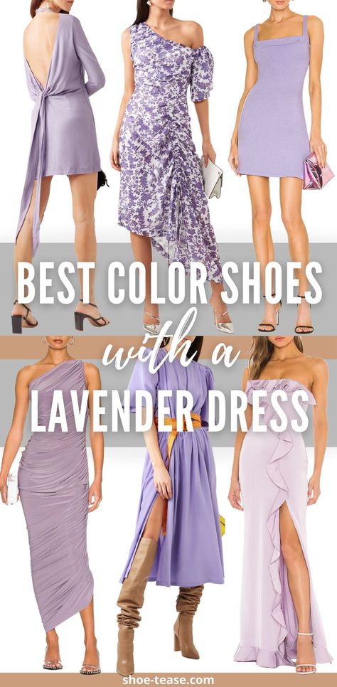 Lavender Dress Styling, Accessories For Lavender Dress, How To Style Purple Dress, Lavender Dress For Wedding Guest, Lilac Dress Accessories, Shoes With Lavender Dress, Periwinkle Dress Outfit, Wedding Guest Dress Lavender, Pastel Blue And Purple Bridesmaid Dresses