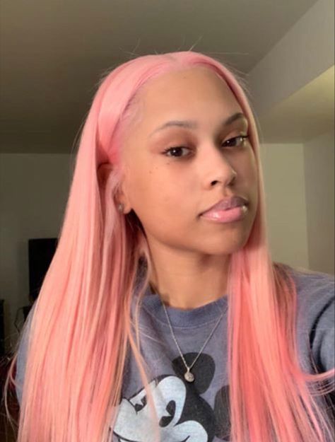 Soft salmon baby pink middle part frontal wig Soft Pink Hair Dye, Light Pink Frontal Wig, Soft Pink Wig, Salmon Pink Hair, Middle Part Frontal Wig, Under Shaved Hair, Dyed Wigs, Middle Part Frontal, Light Pink Wig