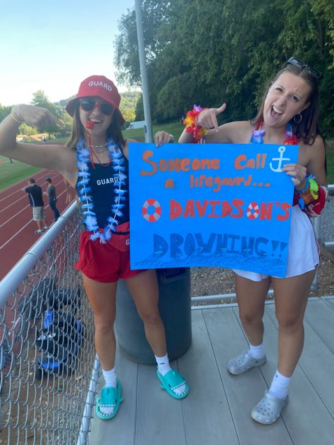 Pool Party Fnl Theme, Lifeguard Football Theme, Lifeguard Spirit Day, Splash Zone Football Theme Outfits, Football Beach Theme, Pool Party Football Theme Outfits, Beach Theme Student Section, Football Game Theme Ideas, Beach Theme Football Game