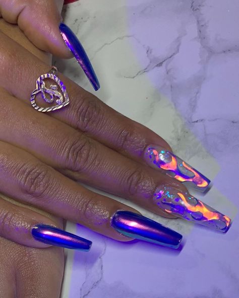 Fire Nails Purple, Glitter Flame Nails, Chrome Flame Nails, Blue Flame Nails, Flame Nails Acrylic, Flame Nails Purple, Lavender Flame Nails, Blue Flame Acrylic Nails, Purple Flame Nail Art