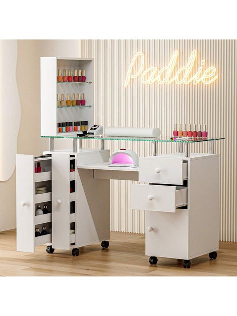 Manicure Table Nail Desk For Nail Tech, Glass Top Nail Table Station Acetone Resistant W/Storage Drawers & Open Shelves, Nail Beauty Workstation W/Wrist Cushion, Lockable WheelsI discovered amazing products on SHEIN.com, come check them out! Nail Tech Table Ideas, Nail Tech Station, Nail Desks, Nail Room Ideas, Tech Room, Nail Desk, Nail Table, Nail Salon Decor, Nail Room