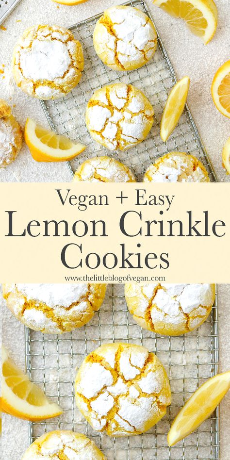 Vegan Lemon Crinkle Cookies - The Little Blog Of Vegan Vegan Lemon Crinkle Cookies, Lemon Crinkle Cookies, Vegan Baking Recipes, Vegan Cookies Recipes, Vegan Bakery, Desserts Vegan, Vegan Holidays, Crinkle Cookies, Vegan Christmas