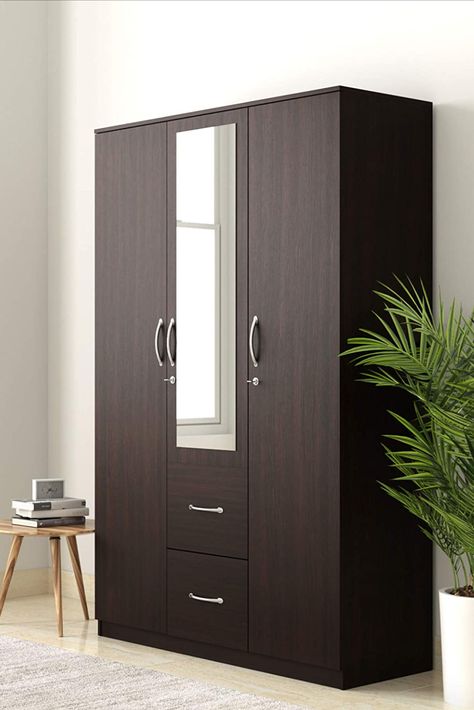 Solimo Lindsay 3 Door Engineered Wood Wardrobe with Drawers and Mirror (Wenge finish)Solimo Lindsay 3 Door Engineered Wood Wardrobe with Drawers and Mirror (Wenge finish) Modern Wardrobe Design With Mirror, 3 Door Wardrobe Design With Mirror, Almira With Mirror, Wood Almirah Designs Bedrooms, Wooden Almirah Design Wardrobes, Mirror Almirah Designs, Mirror Inside Wardrobe, Wardrobe Mica Design Modern, Wooden Almirah Design Bedrooms