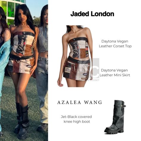 04.13.24 | Coachella #LARA of #KATSEYE ❀ Jaded London Daytona Vegan Leather Corset Top ❀ Jaded London Daytona Vegan Leather Mini Skirt ❀ Azalea Wang Jet-Black covered knee high boot Leather Corset Top, Azalea Wang, Jaded London, Leather Mini Skirt, Leather Corset, Leather Mini Skirts, Leather Mini, Corset Top, Knee High