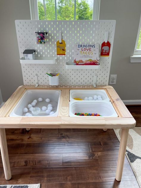 Sensory Activities Table, Sensory Play Table Diy, Ikea Latt Table Hack Sensory, Sensory Table Kindergarten, Ikea Table Sensory Bin, Flisat Ikea Table Activities, Ikea Daycare Ideas, Diy Flisat Table, Ikea Sensory Table Hack