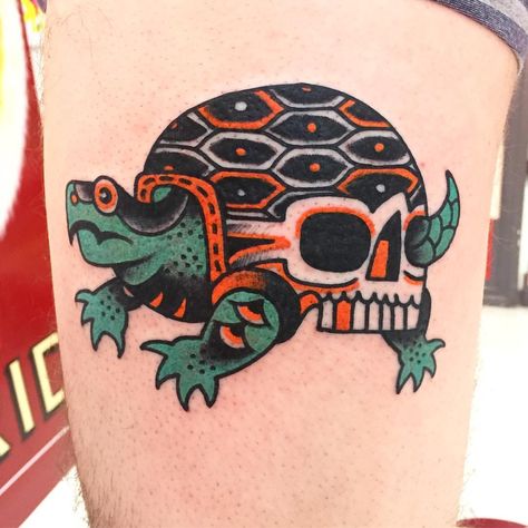 DENOTATTOO Turtle Tattoo American Traditional, American Traditional Turtle, Neo Traditional Turtle Tattoo, Sea Turtle Traditional Tattoo, American Traditional Alligator Tattoo, Traditional Sailor Tattoos, Tortoise Tattoo, Traditional Tattoo Man, Sea Turtle Tattoo