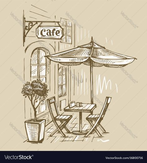 Cafe Sketching, Town Drawing, Coffee Shop Logo Design, Street Cafe, Perspective Drawing Architecture, Scene Drawing, Drawing Sheet, Coffee Drawing, Landscape Sketch