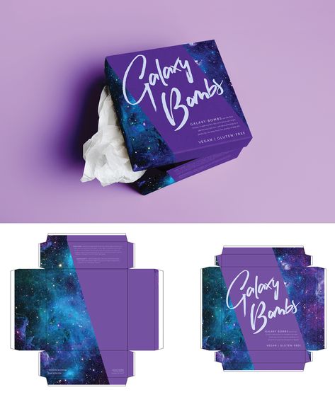 Finalist for the 2019 graphic design awards, 99awards, for “Best Packaging and Label Design”. Galactic bath bomb gift box packaging design by yuliusstar | #galaxy #ultraviolet #bathbombs #packagingdesign #giftbox Galaxy Packaging Design, Magic Packaging Design, Space Packaging Design, Galaxy Packaging, Galaxy Branding, Space Packaging, Gift Box Packaging Design, Box Package Design, Bath Bomb Packaging