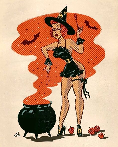 "Witches Brew" Halloween Postcard | "Witches Brew" Halloween… | Flickr Halloween Pin Up, Arte Pin Up, Vintage Halloween Art, Pinup Art, Halloween Spooktacular, Halloween Pins, Halloween Illustration, Halloween Drawings, Theme Halloween