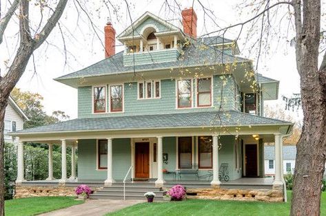 Drummond House Four Square Homes, Victorian Exterior, Brick Columns, Best Exterior Paint, Exterior Paint Colors For House, Modern Farmhouse Exterior, Traditional Exterior, Farmhouse Exterior, House Paint Exterior