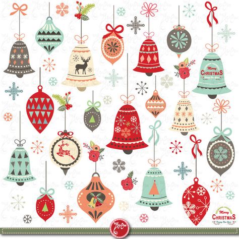 Christmas clip art "CHRISTMAS ORNAMENT" Clipart pack, Christmas,Vintage Christmas, Christmas Ornamen Clip Art Christmas, Retro Christmas Decorations, Christmas Clip Art, Web Design Graphic, Christmas Doodles, Etsy Banner, Bell Design, Christmas Bell, Watercolor Christmas