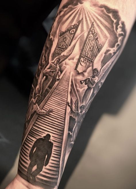 Female Sleeve Tattoos, Stairs To Heaven Tattoo, Gates Of Heaven Tattoo, Religious Tattoos For Men, Rip Tattoos For Dad, Stairway To Heaven Tattoo, Religious Tattoo Sleeves, Sleeve Tattoos Ideas, Zombie Tattoo