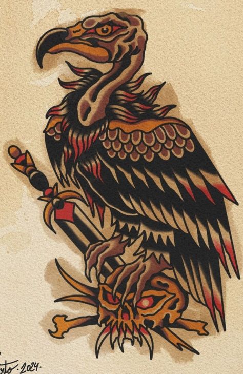 Traditional Animal Tattoo Flash, Deer Tattoo American Traditional, Animal Back Tattoo, Traditional Vulture Tattoo, Vintage Flash Tattoo, Traditional Tattoo Illustration, Vulture Tattoo, Traditional Tattoo Animals, Traditional Tattoo Reference