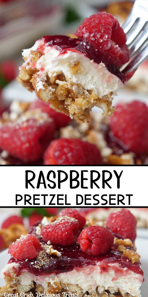 A double photo collage of raspberry pretzel dessert. Raspberry Pretzel Dessert, Fresh Raspberry Desserts, Raspberry Pretzel Salad, Pie Filling Desserts, Quick Yummy Desserts, Raspberry Cream Pies, Pretzel Dessert, Raspberry Pie Filling, Cream Pie Filling