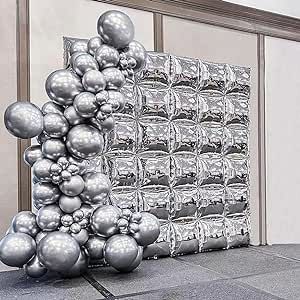 Foil Balloon Backdrop Ideas, Foil Balloon Arch, Mylar Balloon Arch, Silver Balloon Wall, Foil Balloon Wall, Balloon Tunnel, Silver Balloon Garland, Mirror Photobooth, Balloons Art