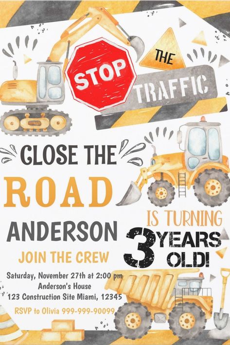 Construction Birthday Party Invitations for Boys Construction Birthday Party Invitations, Construction Themed Birthday Party, 3rd Birthday Party For Boy, Construction Birthday Invitations, Construction Birthday Party, Monster Trucks Birthday Party, Party Themes For Boys, Construction Birthday Parties, Monster Truck Birthday