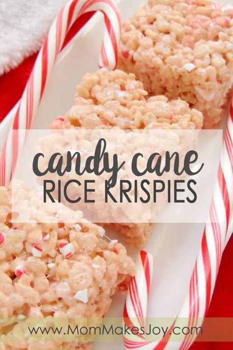 This recipe for Candy Cane Rice Krispie Treats is the perfect holiday snack! With just five ingredients, these treats will be ready to please in no time. | Holiday Recipes | Holiday Desserts | Christmas Treats | Peppermint | Mom Makes Joy Christmas Treats Peppermint, Treats For Work, Rice Crispie, Candy Cane Recipe, Marshmallow Bars, Crushed Peppermint, Holiday Desserts Christmas, Holiday Snack, Recipes Holiday