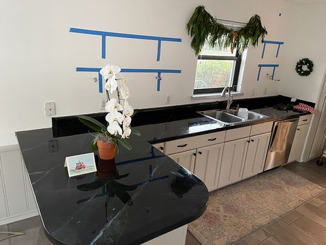 Paint And Epoxy Countertops, Black Epoxy Countertop Kitchens, Black Epoxy Countertops, Faux Black Marble Countertop, Diy Black Marble Countertops, Faux Soapstone Countertops Diy, Black Epoxy Countertop, Epoxy Countertop Kitchens, Black Laminate Countertops